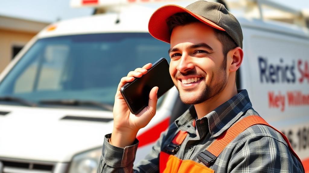 Professional trades worker answering phone call promptly with service van in background