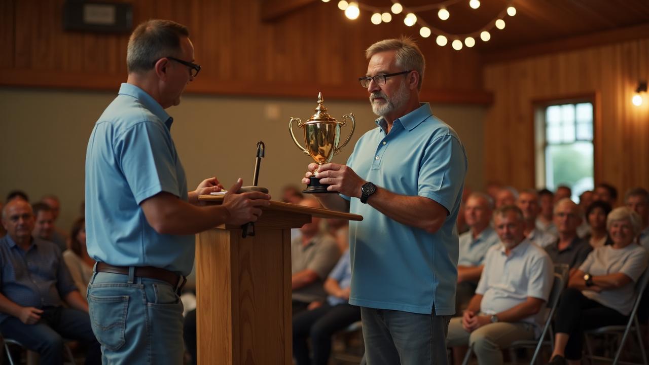 Business owner presenting award on stage at community event with audience in background