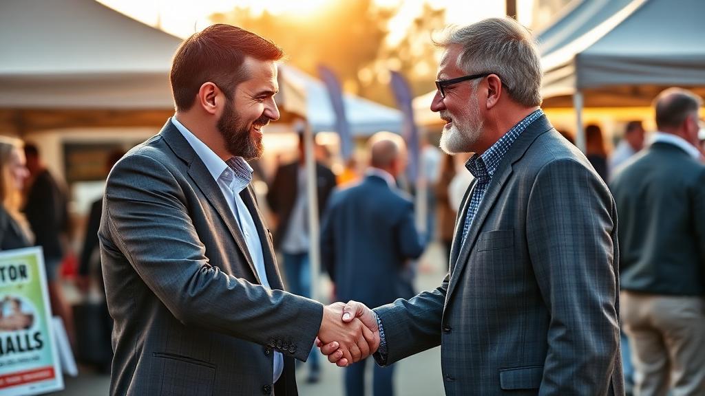 Business owner networking and shaking hands with community leader at local event