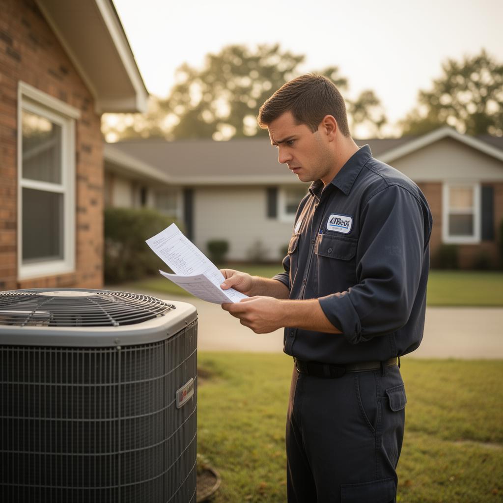 HVAC contractor reviewing equipment invoices and rising costs at a residential job site