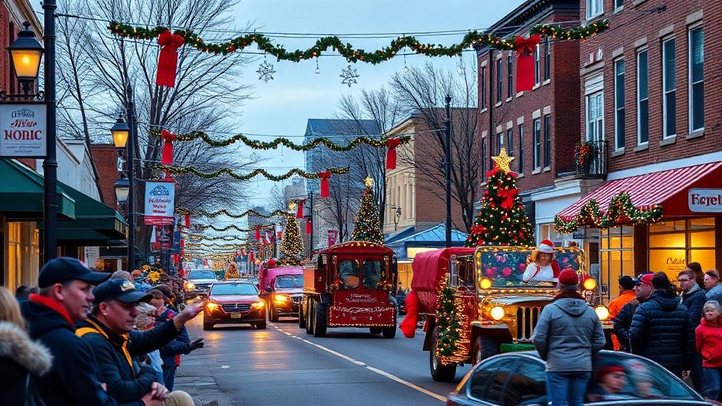 Local Christmas parade on Main Street with business sponsor banners and community members watching floats