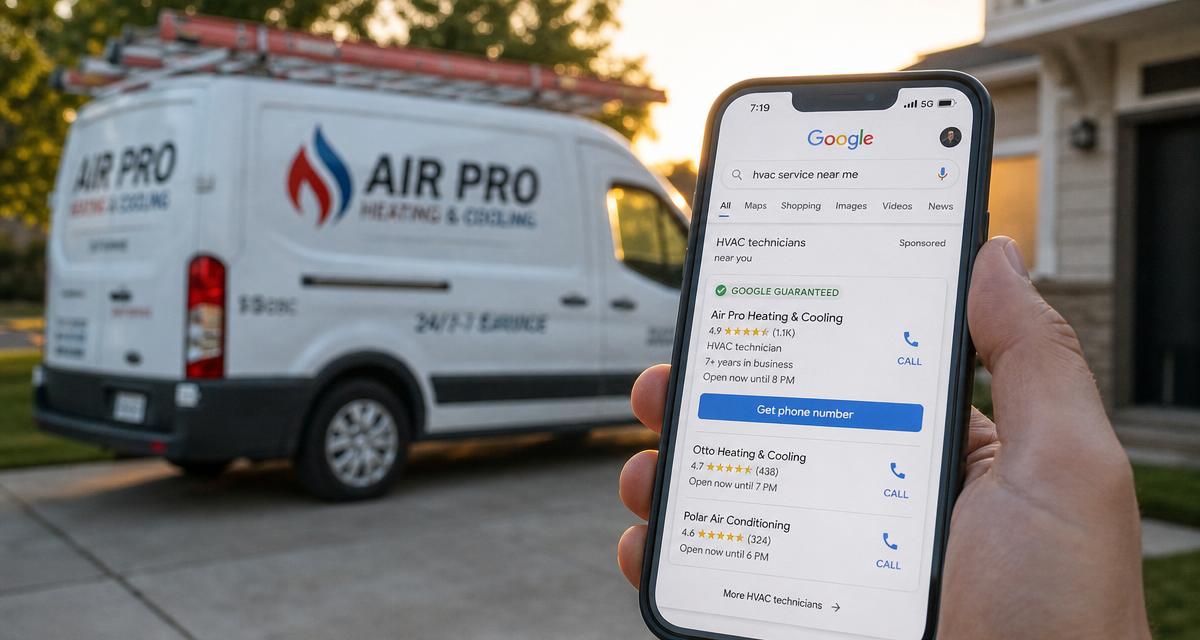 Homeowner searching for an HVAC technician on Google while a service van sits in the driveway