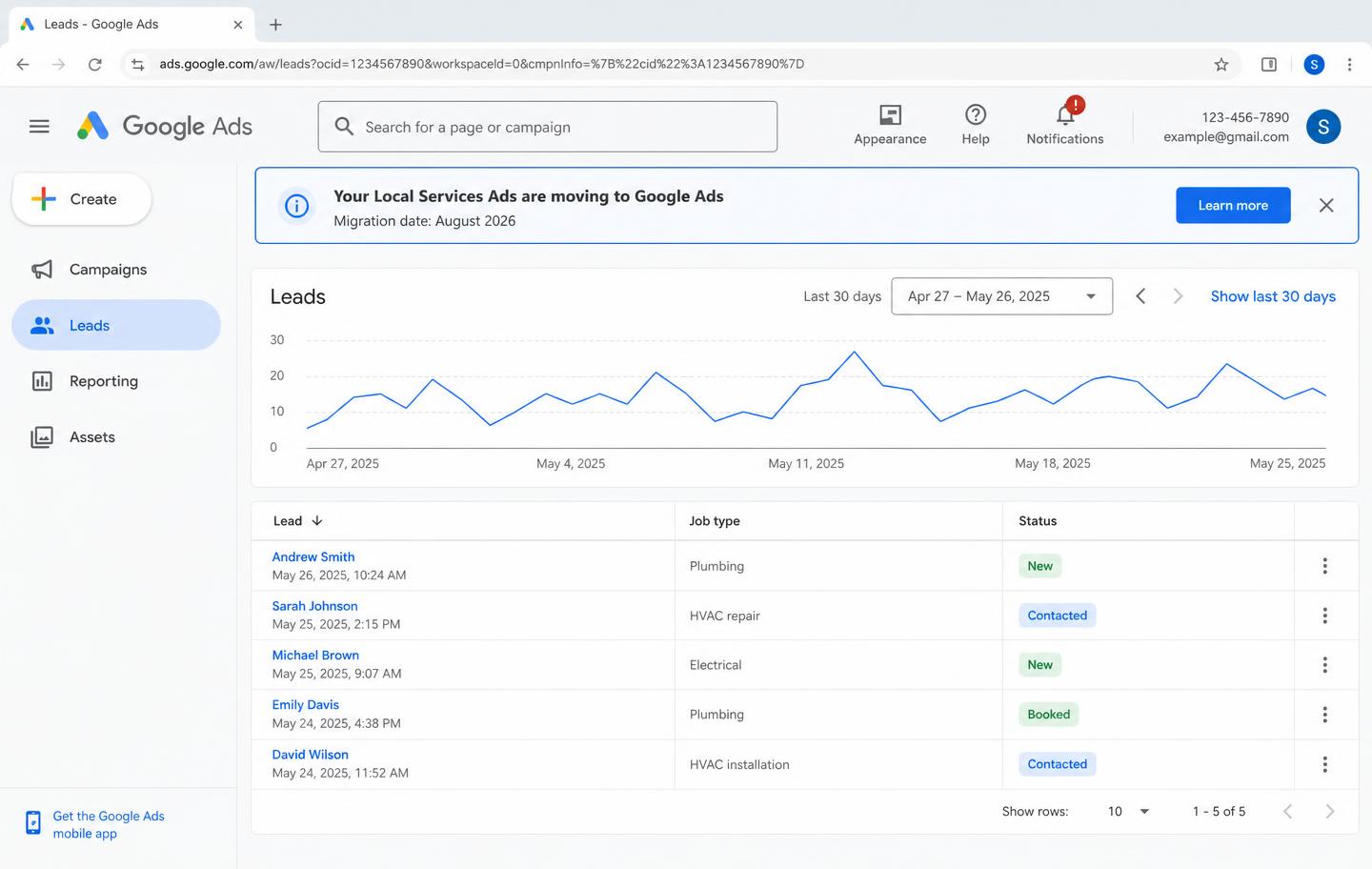 Google Ads dashboard showing a banner that Local Services Ads are moving to Google Ads with an August 2026 migration date