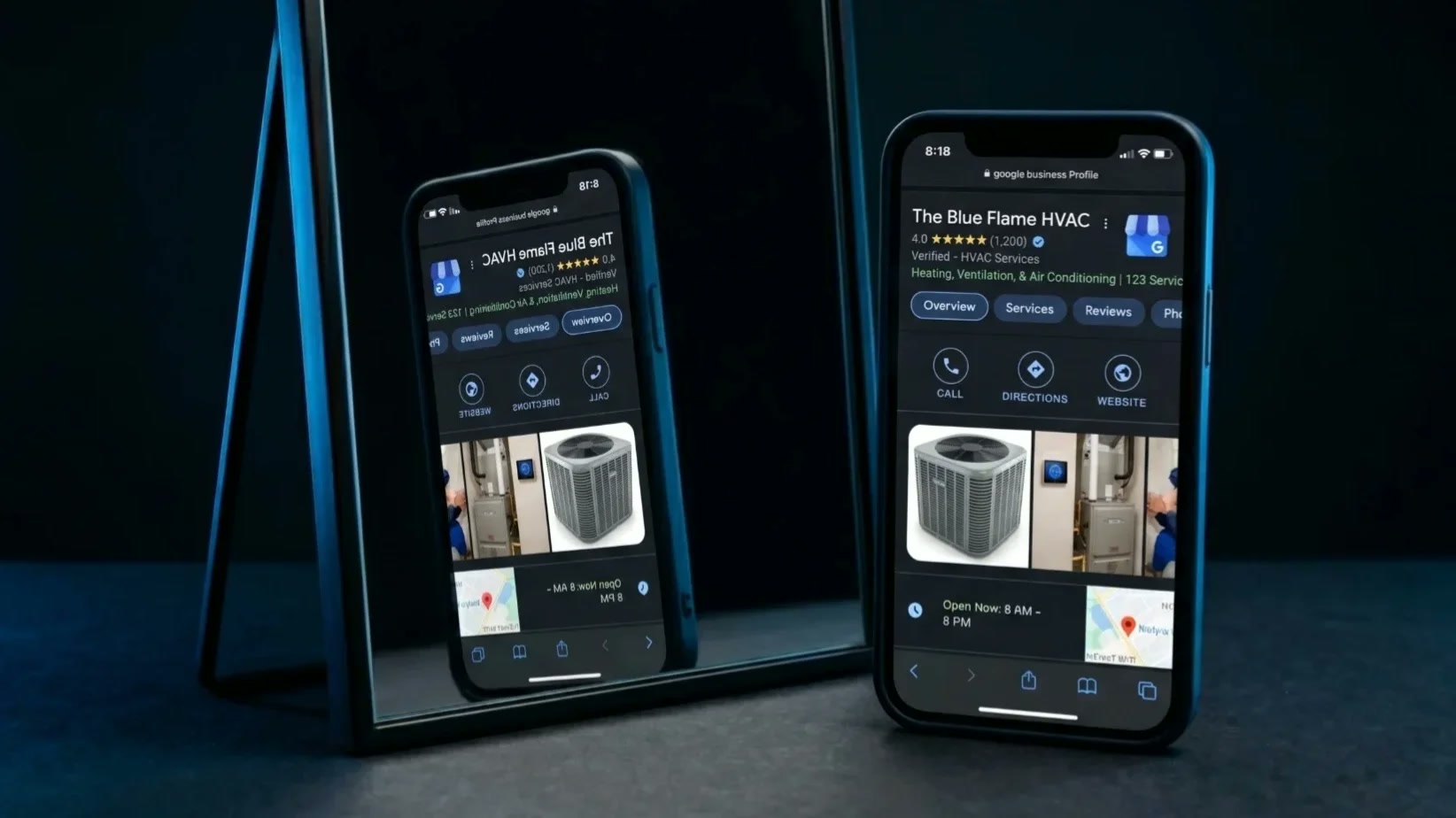 Smartphone displaying a verified Google Business Profile for an HVAC company, reflected in a mirror, illustrating the Upward Bound Media Mirror Strategy for local SEO