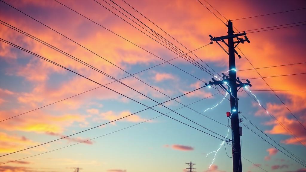 Electric power lines at sunset representing reviews as electricity powering your business